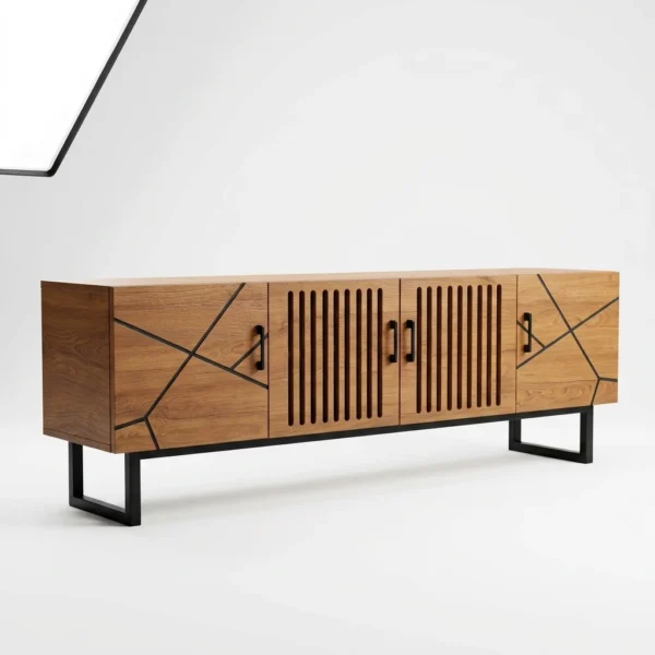 modern-geometric-oak-tv-stand-with-slat-doors Modern Geometric Oak TV Stand with Slat Doors