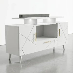 modern-geometric-white-tv-stand-with-led-lighting Modern Wood TV Stand with Floating Shelf
