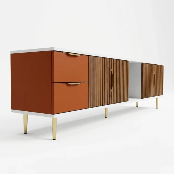 modern-mid-century-fluted-wood-and-orange-tv-stand Modern Ribbed TV Stand with Walnut & Gold Accents