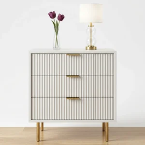white-fluted-3-drawer-dresser-with-gold-accents Fluted 3-Drawer Dresser with Gold Accents