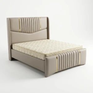 Champagne Beige Tufted Bed Frame with Gold Accents