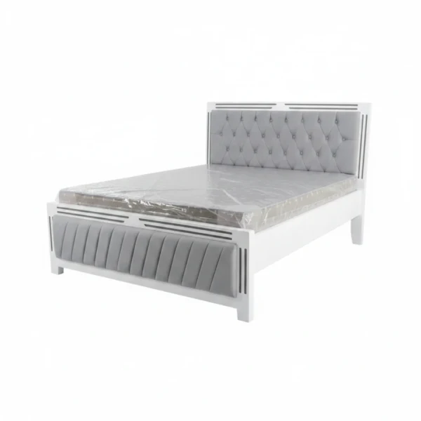 Modern White Wooden Bed with Grey Tufted Headboard