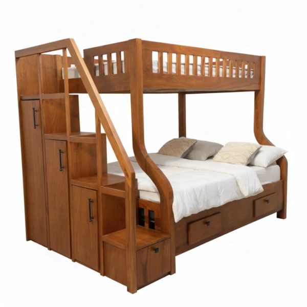 Solid Wood Twin Over Full Bunk Bed with Storage Stairs