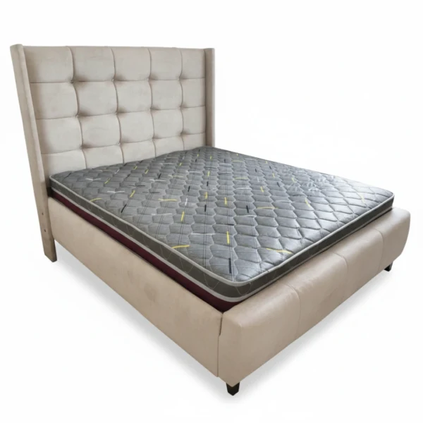 Tufted Beige Velvet Platform Bed with Mattress